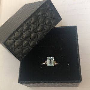 1ct Emerald Cut Blue Topaz and Diamond Ring in solid Sterling Silver